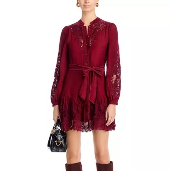 FARM Rio: Burgundy Long Sleeve Lace Detail Mini Dress - Picture 2 of 11